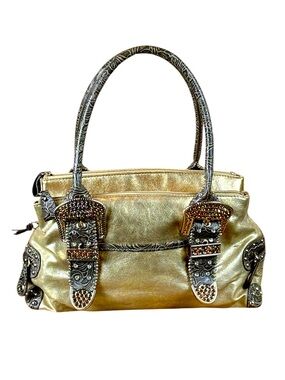 Kathy Van Zeeland Metallic Gold Shoulder Bag Zip Top Buckle Ornate Rhinestone